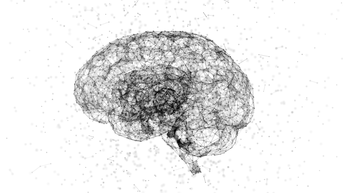 Neural network of black and white brain art representing AI concept