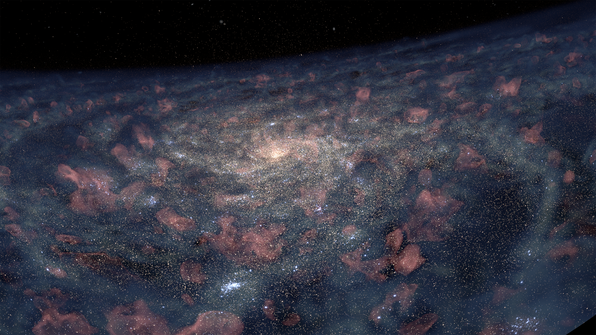 Visualization of a Supernova from the Advanced Visualization Lab at NCSA. Dust, gases, and stars are seen in gradients and dots of white, pink, purple, and yellow