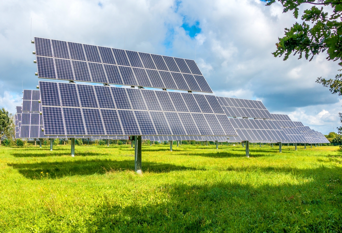 Outdoor photograph of solar panels in a green and grassy field