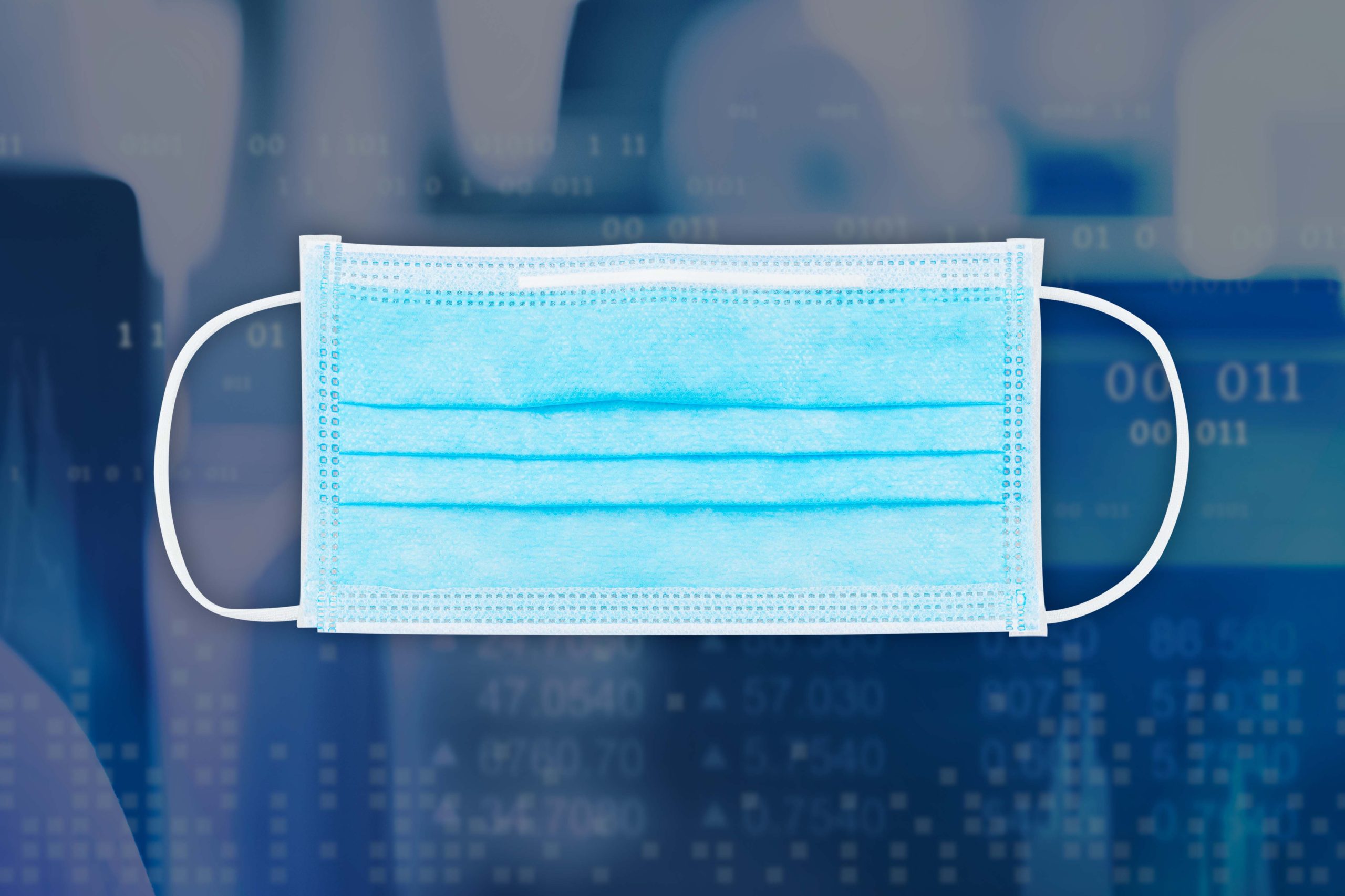 Stylized image of a blue mask on a blue technology-themed background