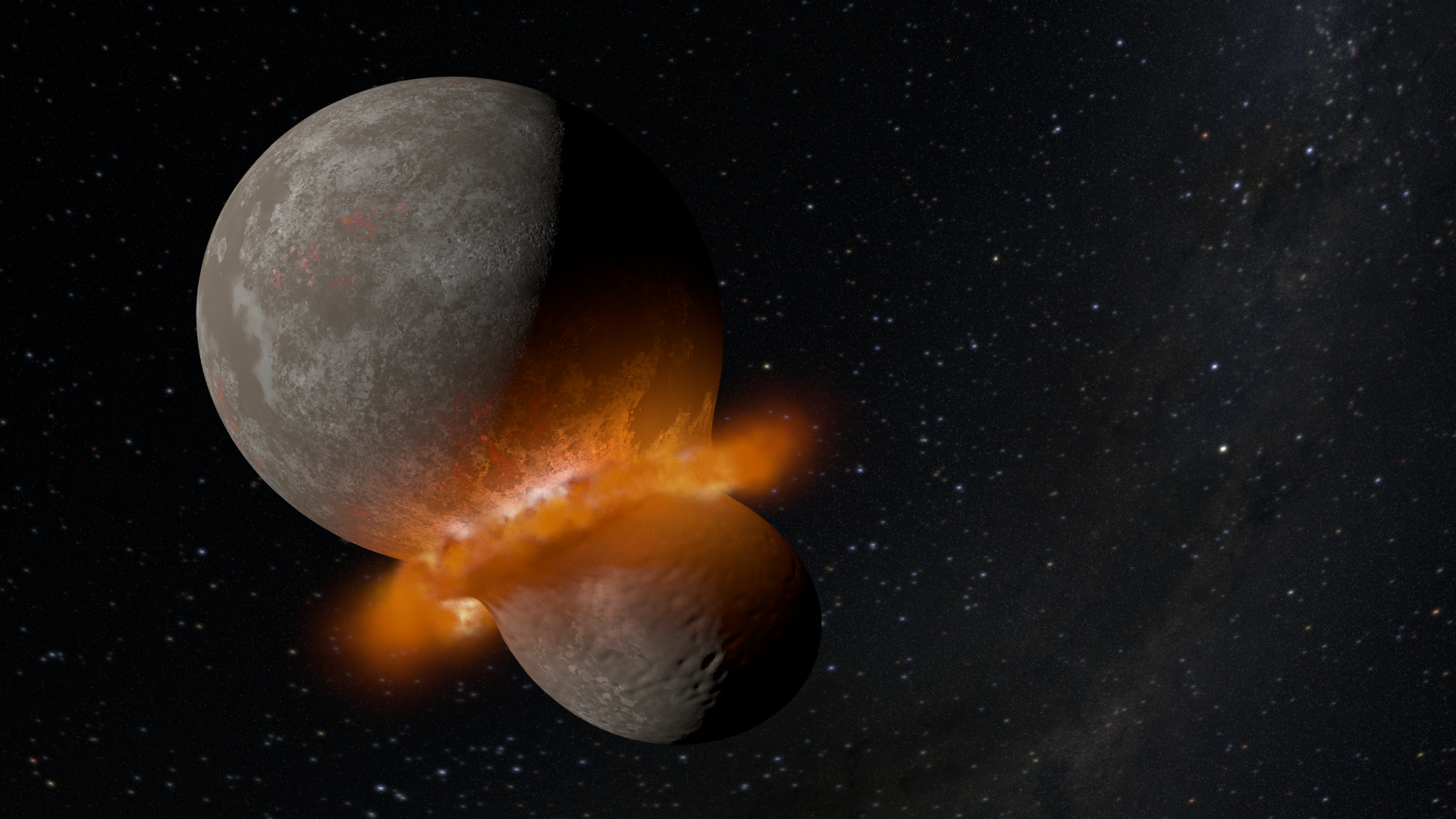 Visualization of a starry outer space with Theia colliding with the early Earth and causing a massive red explosion.