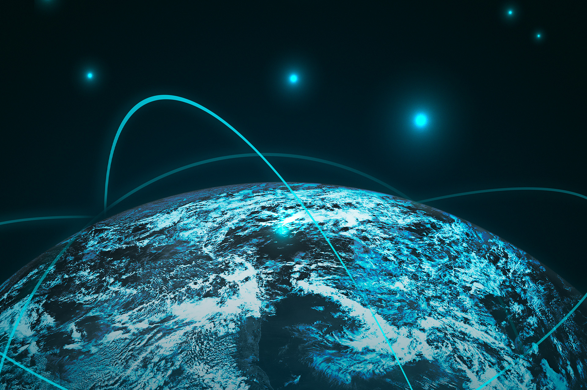 A stylized graphic of networking around the globe in shades of blue, dark teal and aqua.