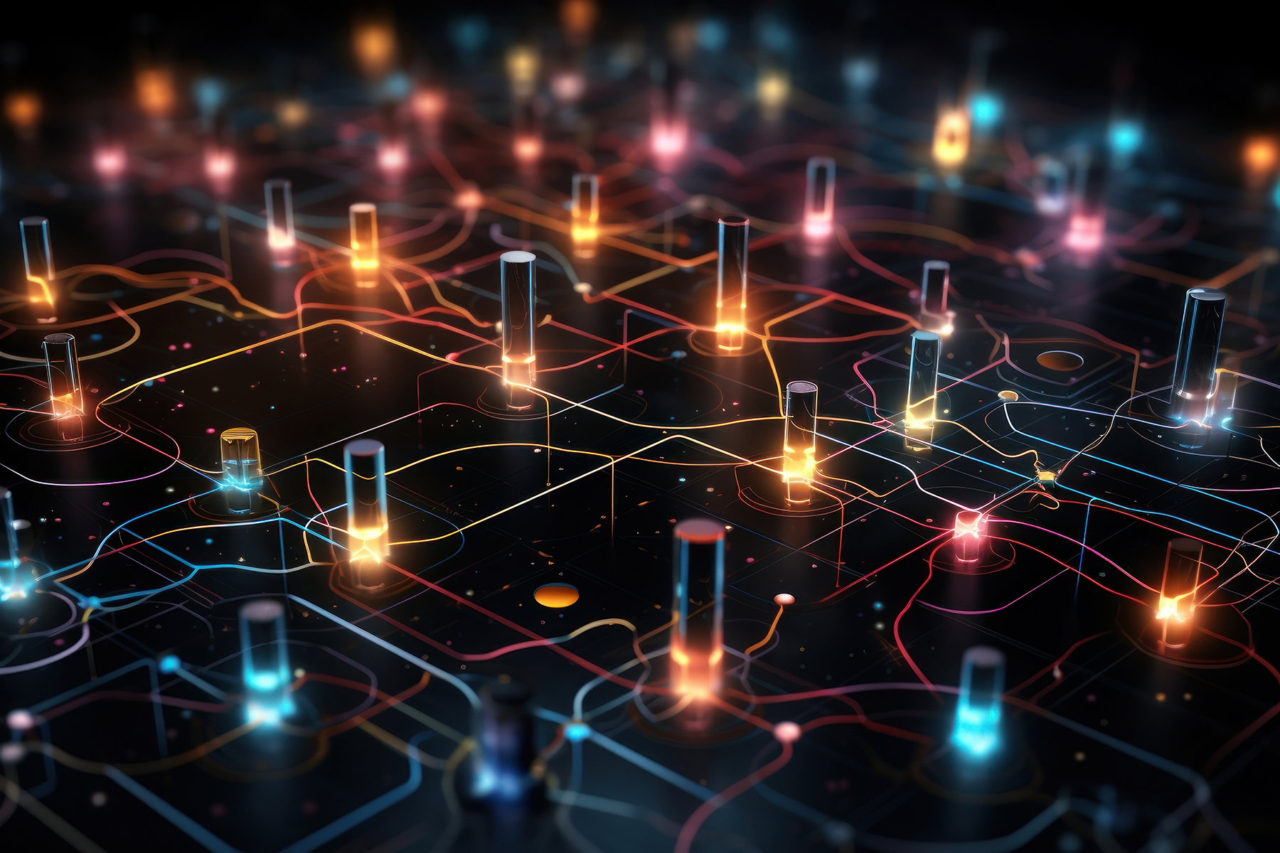 Quantum computing is a difficult concept to convey visually. This image is a lot of lights turned on at once, on a futuristic circuit board - attempting to indicate conceptually that quantum computing is so fast, all the data points light up simultaneously.