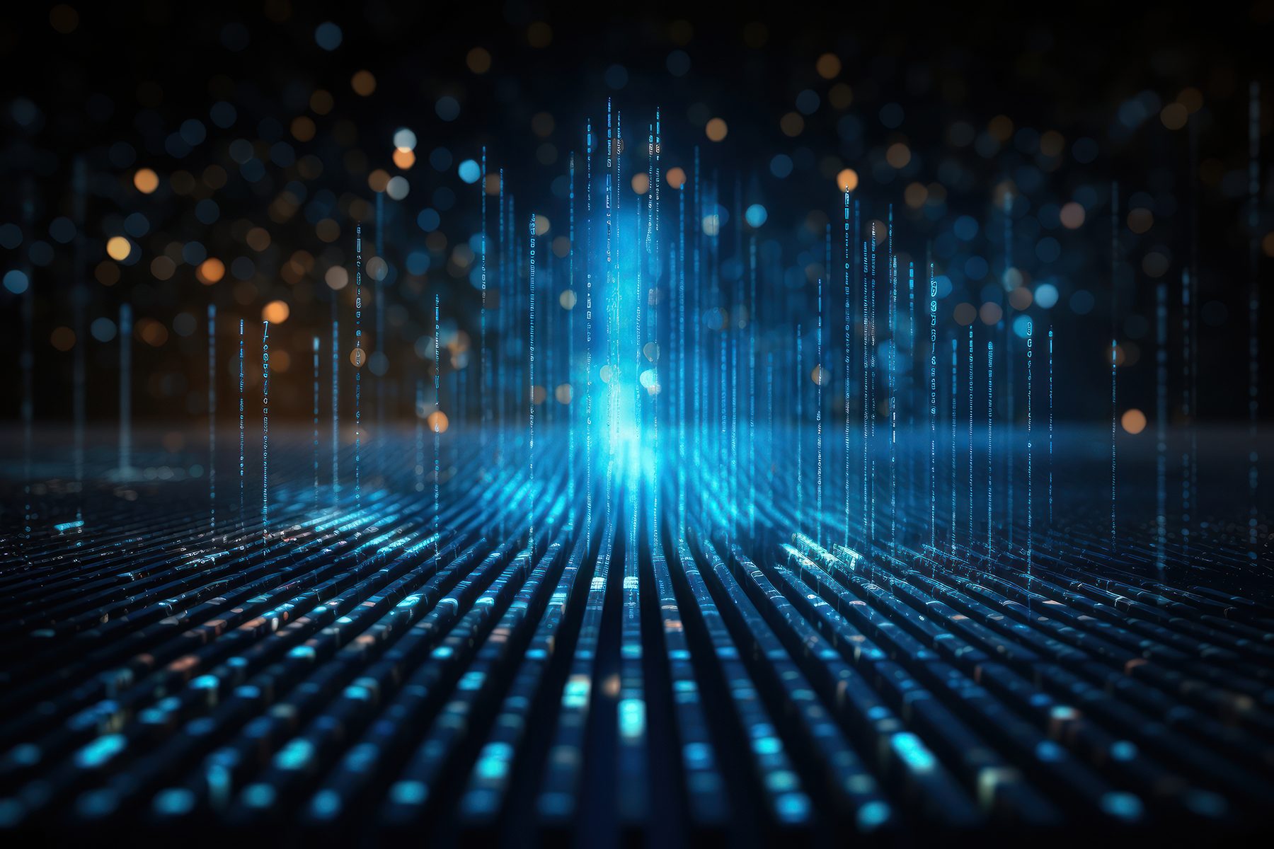 Rows of lights going into the horizon line, with numbers and letters shooting up in the distance - meant to convey the idea of computing and hackathons.