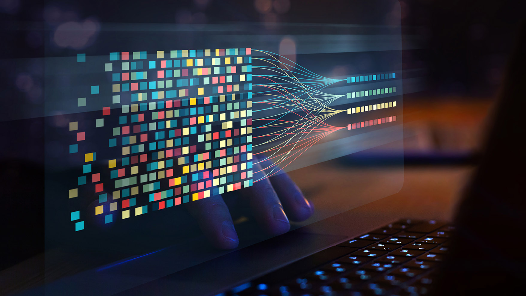 An AI big data concept image overlaid on a picture of hands on a keyboard.
