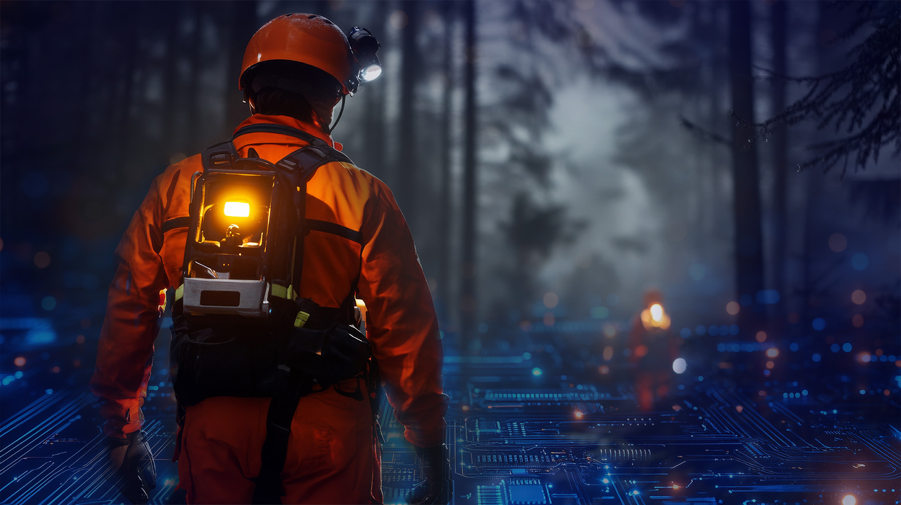 A picture of a search and rescue volunteer in a dark wooded setting.