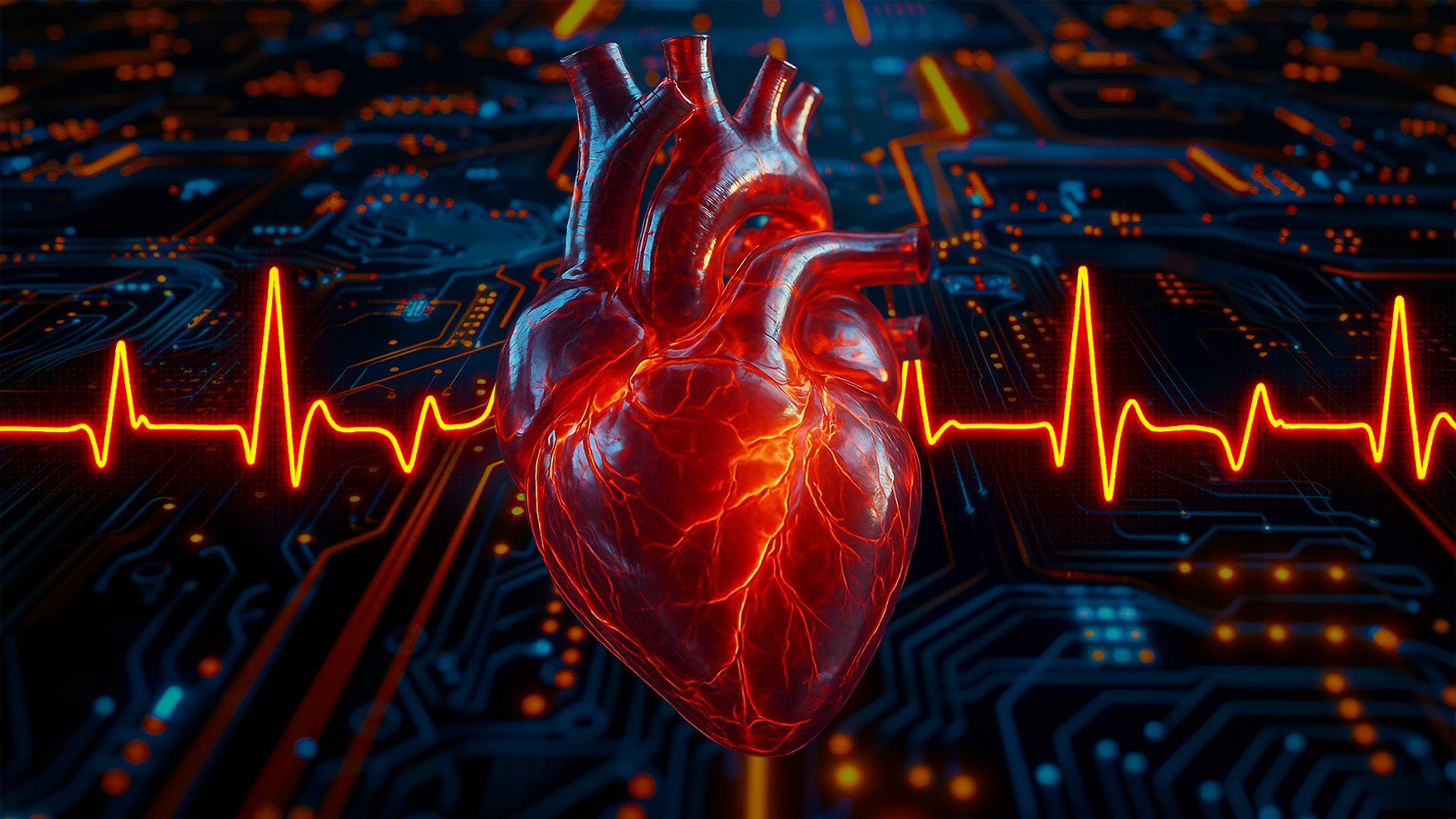 A digital representation of a heart, with and EKG line in the background, and computer circuitry as well. Meant to convey the merging of research computing and health sciences.