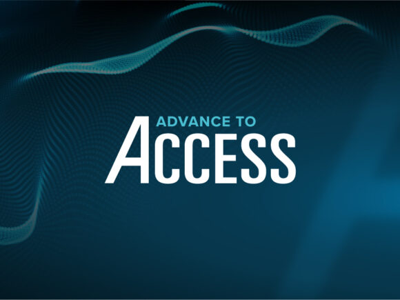 Advance to ACCESS announcment with white text on a deep cobalt blue background with waving abstract lines