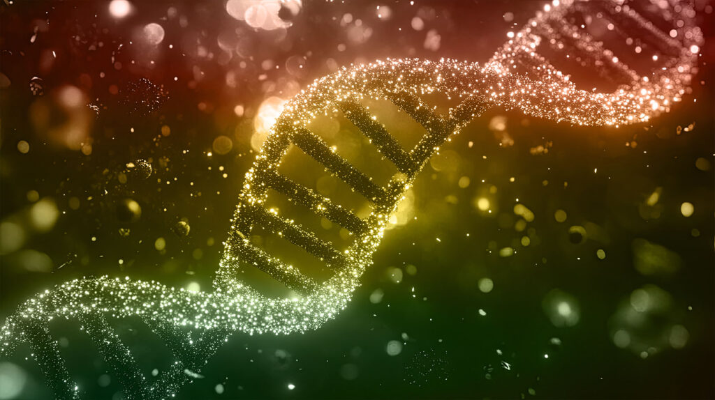 DNA over the colors red, yellow and green