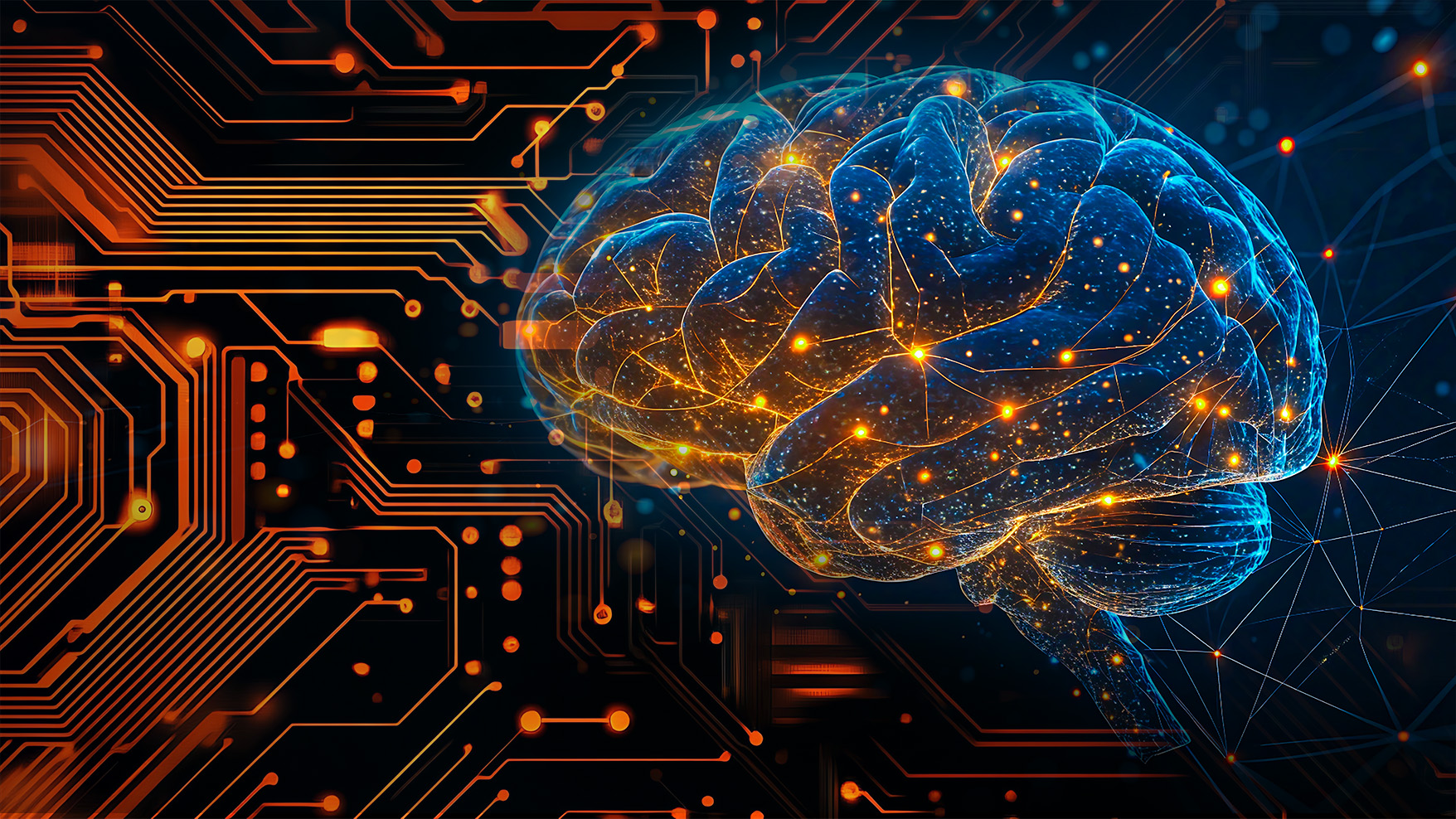 A digital picture of a brain over a circuitboard.