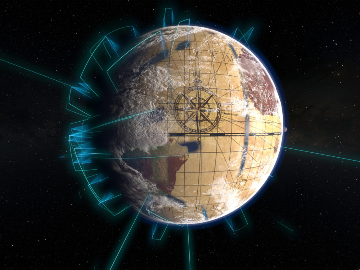 Map-like image of Earth in outer space with a compass outline in the center