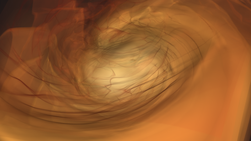 Visualization of Binary Neutron Stars moving in a circular rotation of yellow, orange, and brown colors