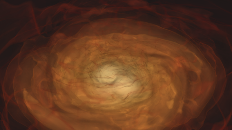 Visualization of Binary Neutron Stars moving in a circular rotation of yellow, orange, and brown colors