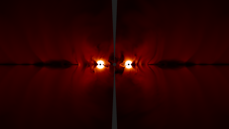 Simulation of a symmetrical black hole that glows in white, orange, and red on a black background