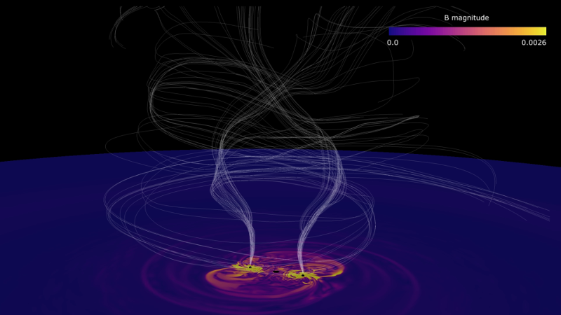 Simulation graphic of a rotating black hole with white lines indicating air flow and magnitude