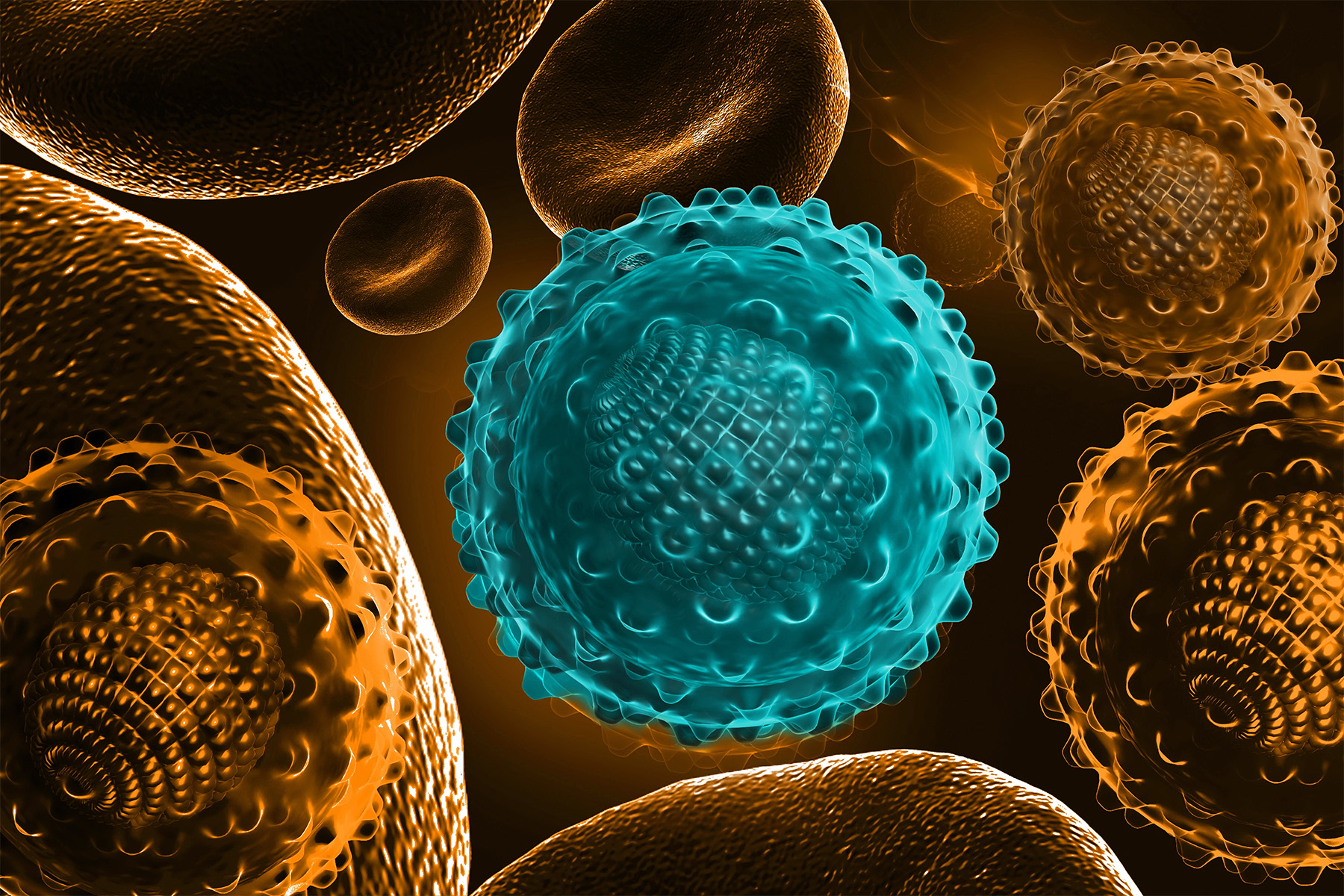 A digital representation of a Hepatitis B virus. One of the viral cells is bright blue, with the blood cells around in orange.