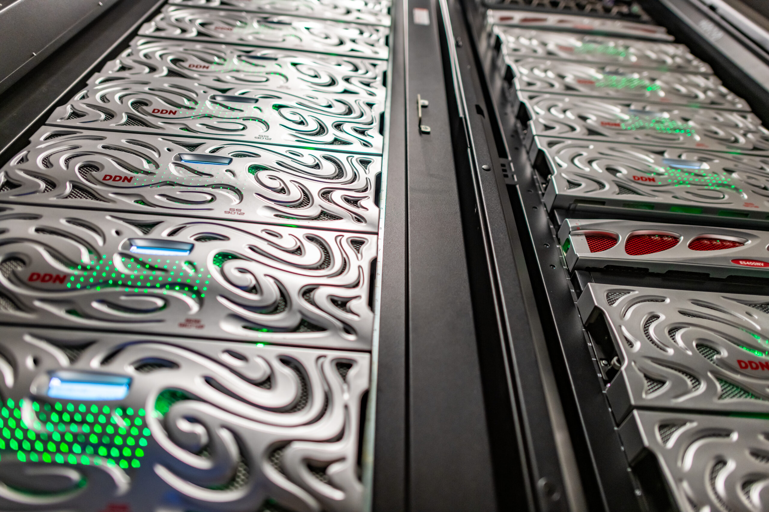 Closeup of Taiga with its decorative silver swirl rack covering and blinking lights