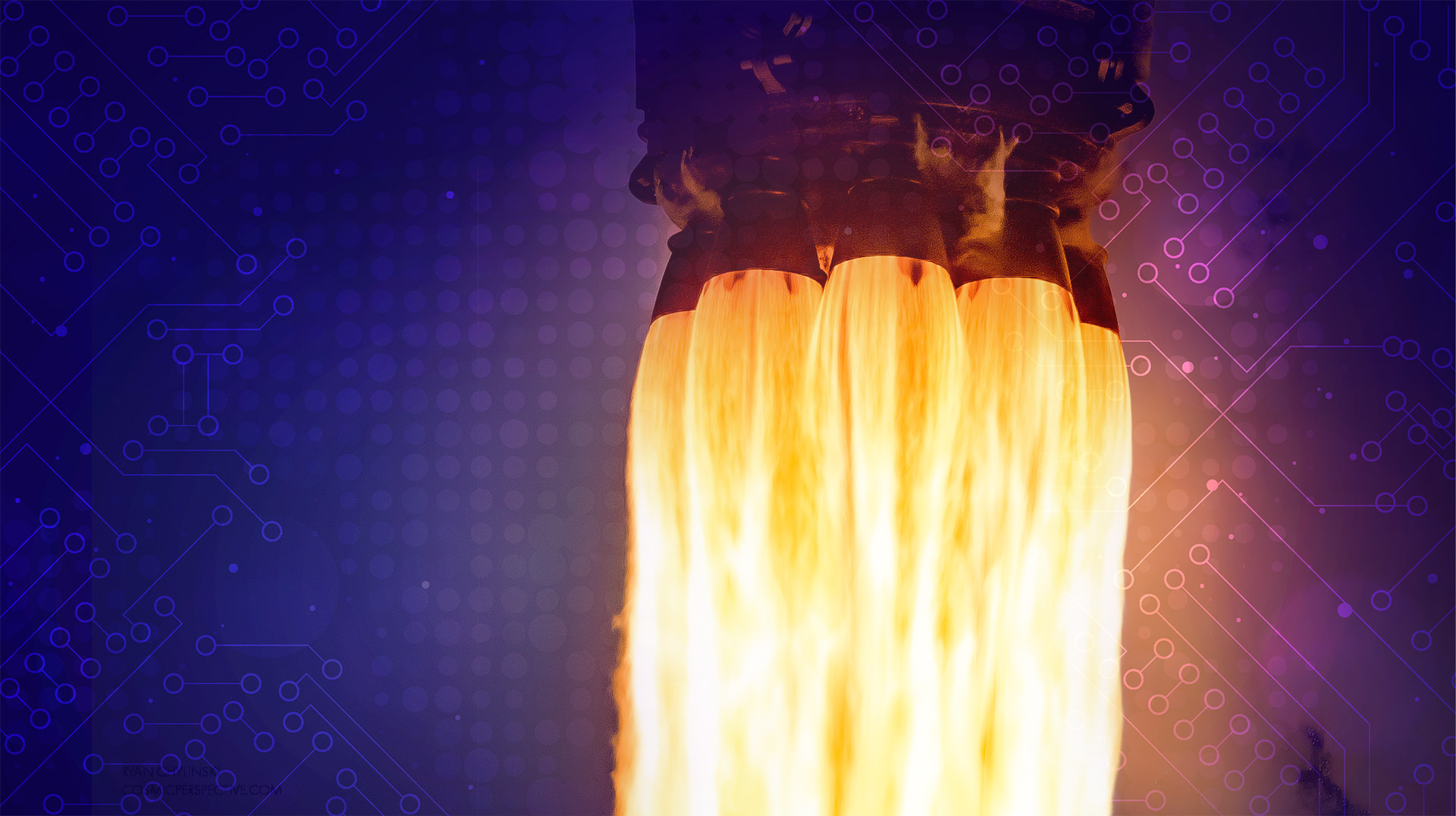 An image of a spacecraft launching with a great number of rockets visible, blasting off fire.